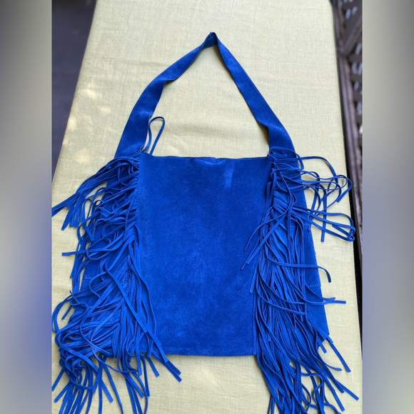 Claudia Firenze Blue Emma Fringed Italian Suede Leather Shoulder Boho Western - Picture 1 of 12